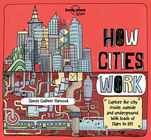 Colorful illustrated book cover with cityscape, buildings, and transportation for kids, large format.
