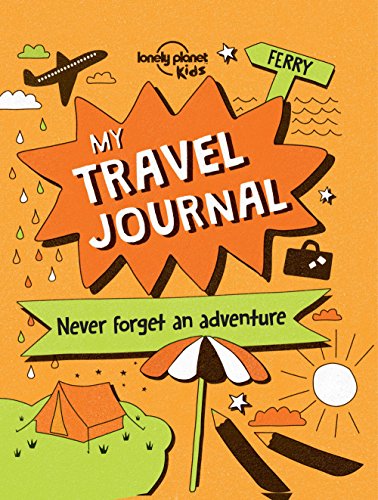Orange book cover titled My Travel Journal with illustrations of a plane, tent, umbrella.