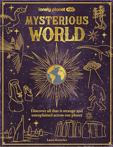 Book cover with purple background, gold line art of mysterious creatures, landmarks, and Earth.