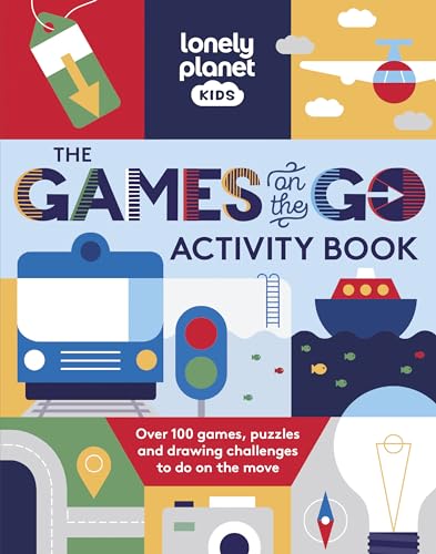 Colorful activity book cover with trains, planes, and games illustrations.