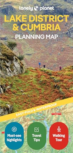 Lonely Planet Lake District and Cumbria planning map with landscape photo and icons.