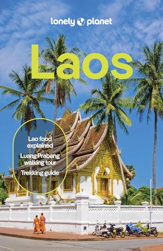 Lonely Planet Laos travel guide cover featuring a Buddhist temple, palm trees, and monks.