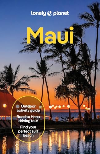 Lonely Planet Maui guidebook cover with palm trees and ocean sunset.