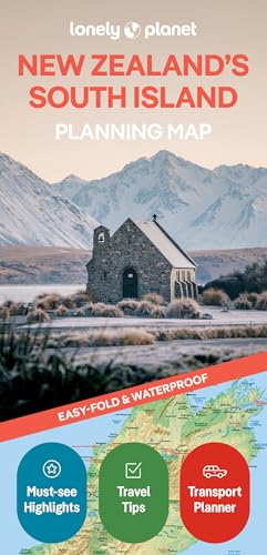 Lonely Planet South Island planning map featuring mountains and a stone church.