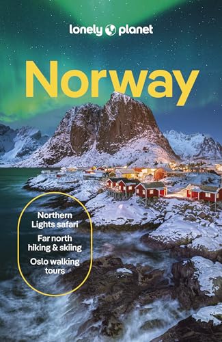 Lonely Planet Norway guidebook cover featuring snowy mountains, red cabins, and the northern lights.