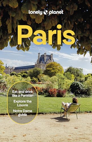 Lonely Planet Paris travel guide cover featuring a person sitting in a park garden.