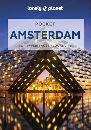 Lonely Planet Pocket Amsterdam travel guide cover featuring modern triangular architecture reflected in water.