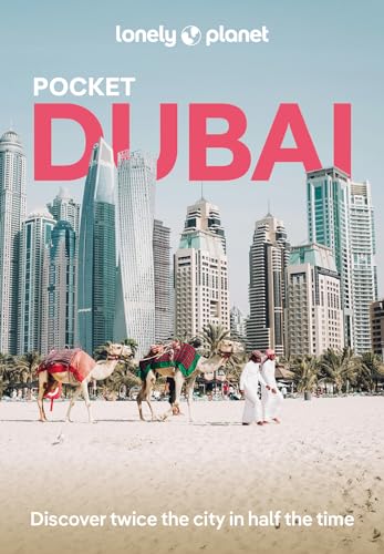 Lonely Planet Pocket Dubai guidebook cover with camels and city skyline.