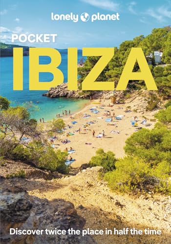 Lonely Planet Pocket Ibiza travel guide featuring a sandy beach, turquoise water, and cliffs.