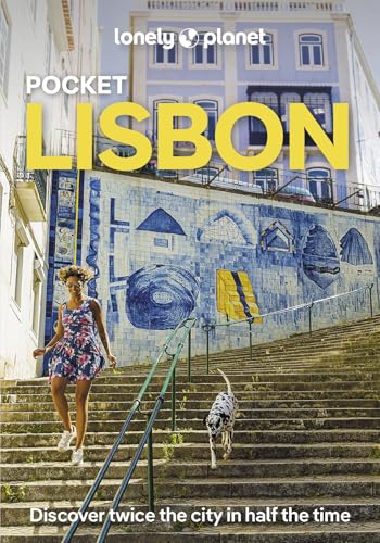 A woman and a dog walk down stone stairs in front of a tiled wall.