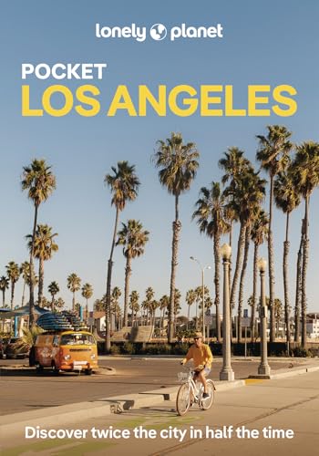 Lonely Planet Pocket Los Angeles guidebook cover with palm trees and a cyclist.