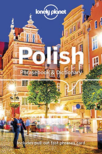 "Book cover with 'Polish Phrasebook & Dictionary' title, featuring a European cityscape at dusk."