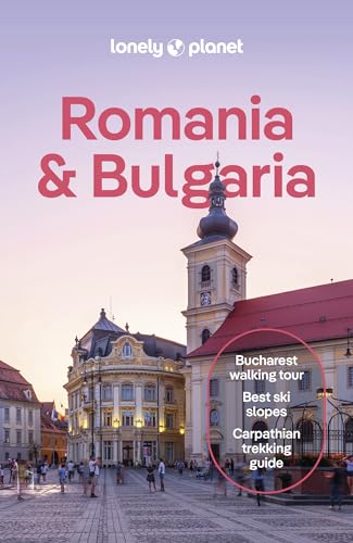 Lonely Planet Romania & Bulgaria travel guide cover featuring a historic town square at sunset.
