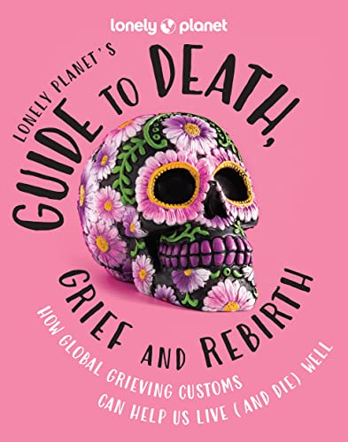 Book cover with a floral-decorated skull on a pink background.