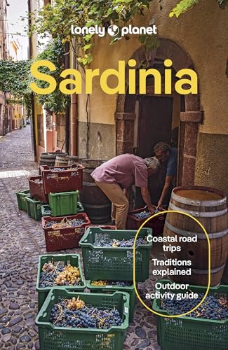 Two men sort harvested grapes into plastic crates on a cobblestone street in Sardinia.