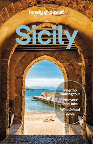 Lonely Planet Sicily travel guide cover featuring a stone archway overlooking a beach.