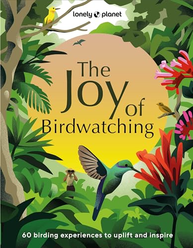 Book cover with illustrated birds, plants, and a person with binoculars.