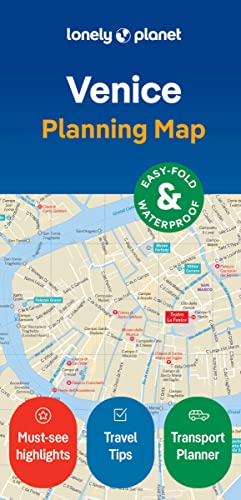 Folded Lonely Planet map of Venice with street details and icons.