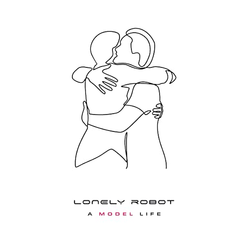 Minimalist line art of two people embracing, with text Lonely Robot A Model Life.