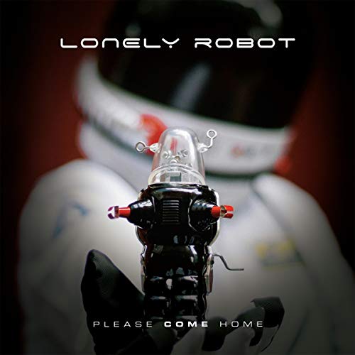 Robot head with glowing red eyes against a blurred red background.