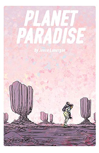 Book cover with a person walking through a pink landscape with tall rock formations.