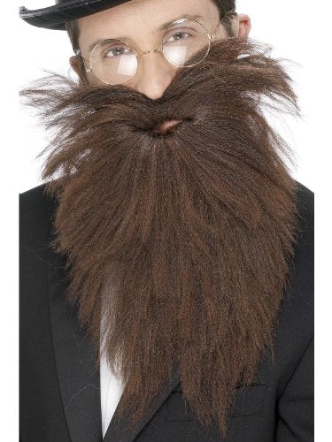 Man wearing a black suit, glasses, and a long, brown, fake beard.