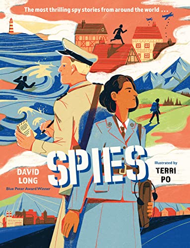 Book cover for "Spies" featuring two figures and a mountainous landscape.
