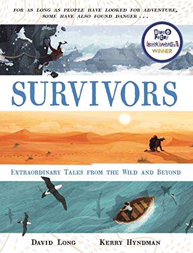 Book cover titled Survivors showing illustrations of a climber, a desert traveler, and a boat.