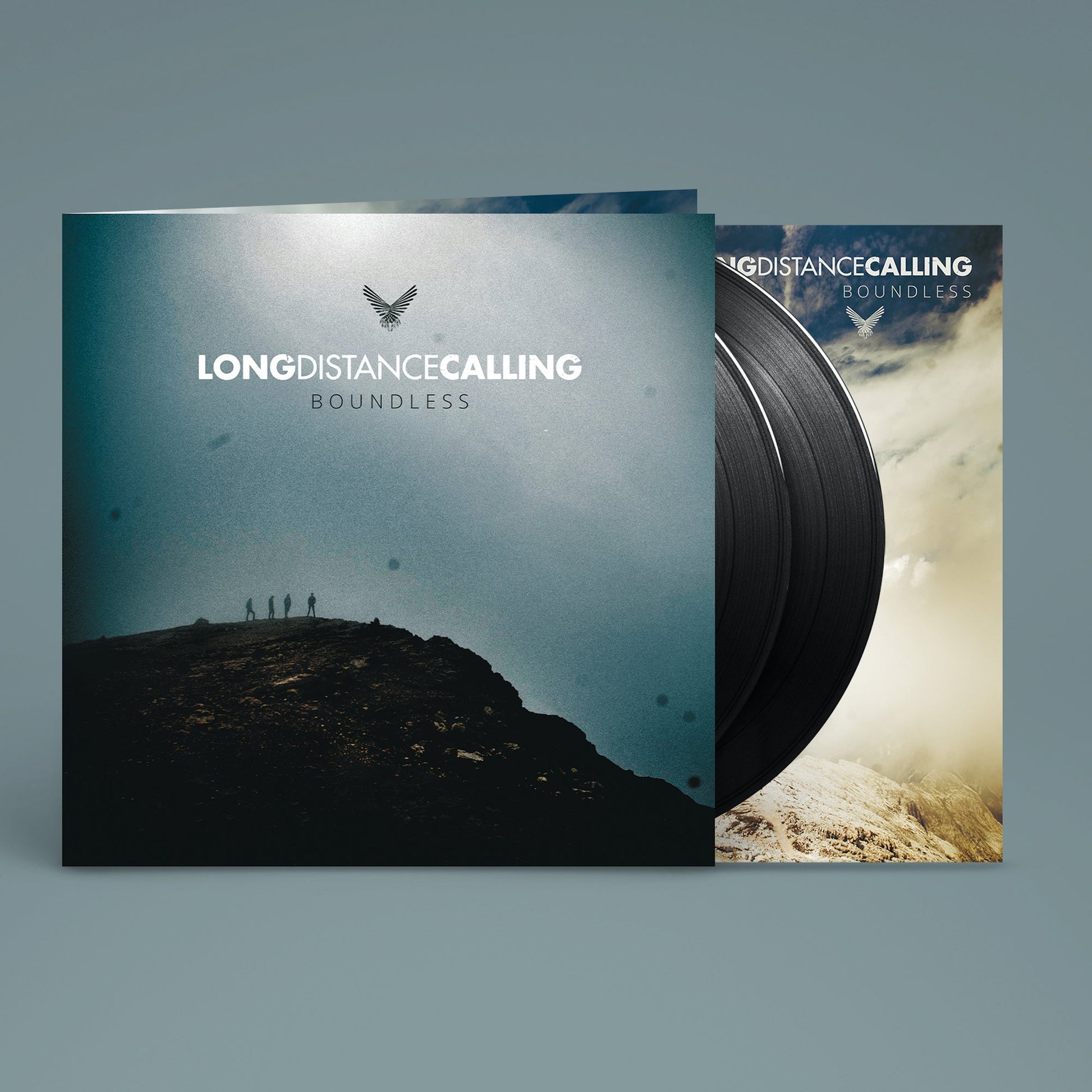 Vinyl record and cover art for Long Distance Calling Boundless featuring a mountain landscape.