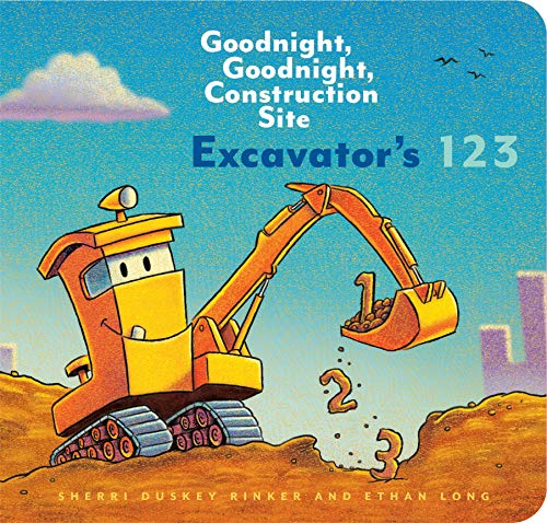 Children’s book cover featuring a smiling orange excavator with numbers.