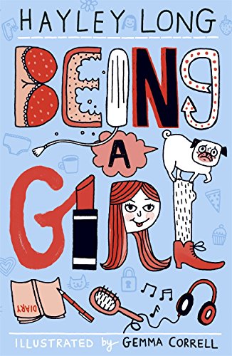 Book cover with illustrated lettering, girl's face, and assorted objects.