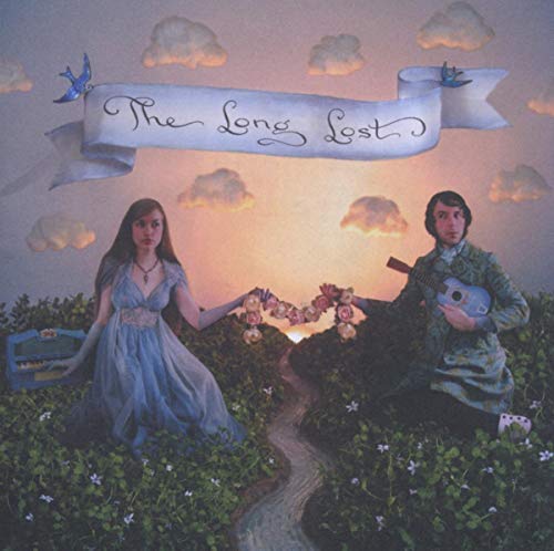 Album cover with two figures, flowers, and a ribbon in a landscape.
