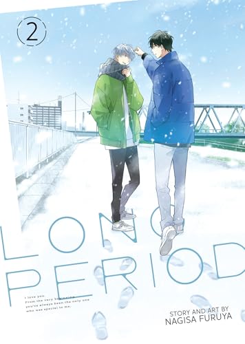 Manga cover: two young men in winter coats on a snowy bridge.