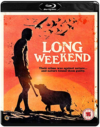 Blu-ray cover for "Long Weekend" featuring a man, dog, and birds in silhouette.
