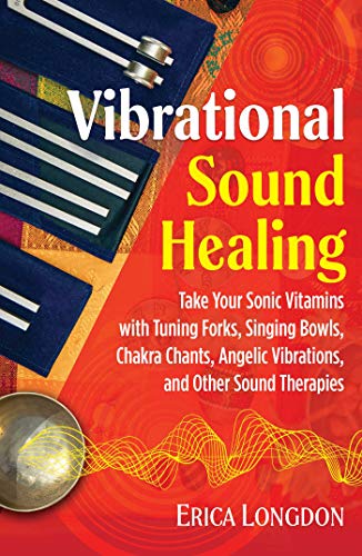 Book cover with tuning forks, a singing bowl, and vibrant red background.