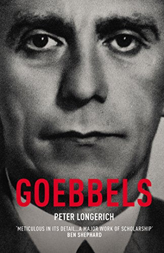 Black and white portrait of Joseph Goebbels with red title text.