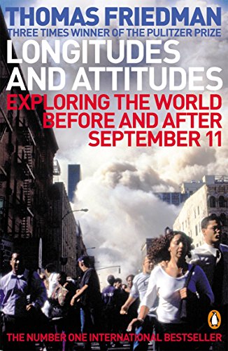 Book cover: "Longitudes and Attitudes" with 9/11 smoke and crowds.