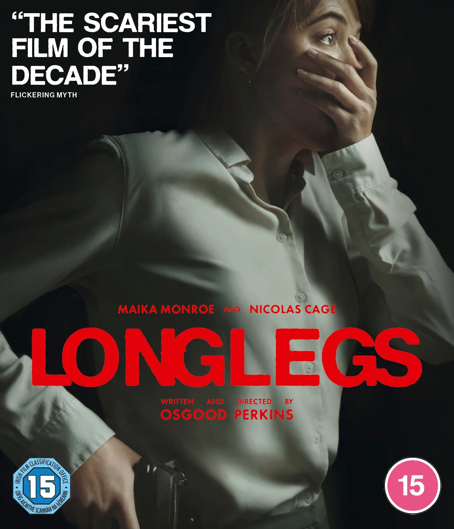 Blu-ray cover for "Longlegs" featuring Maika Monroe and Nicolas Cage.