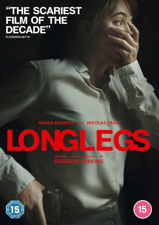 DVD cover for horror film “Longlegs” starring Maika Monroe and Nicolas Cage.