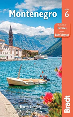 Montenegro travel guide cover with coastal town, boat, and mountains.