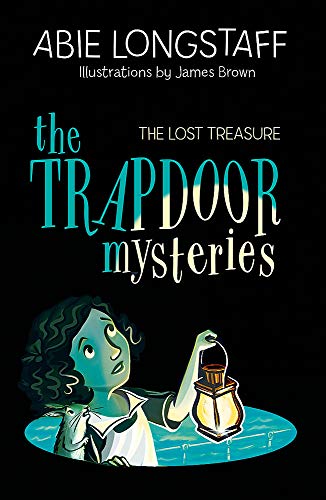 Book cover: girl with lantern, titled "The Lost Treasure" and "Trapdoor Mysteries".