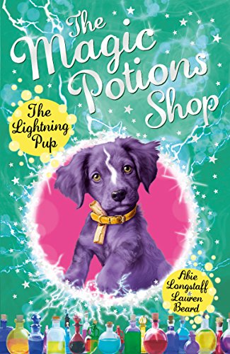 Book cover featuring a purple puppy in a glowing circle with potion bottles below.