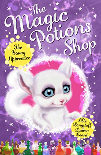 Book cover featuring a white kitten with bright blue eyes and potion bottles.