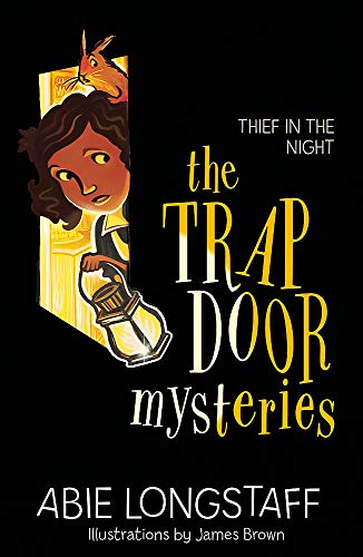 Book cover: girl with lantern peeking through a doorway, squirrel above.