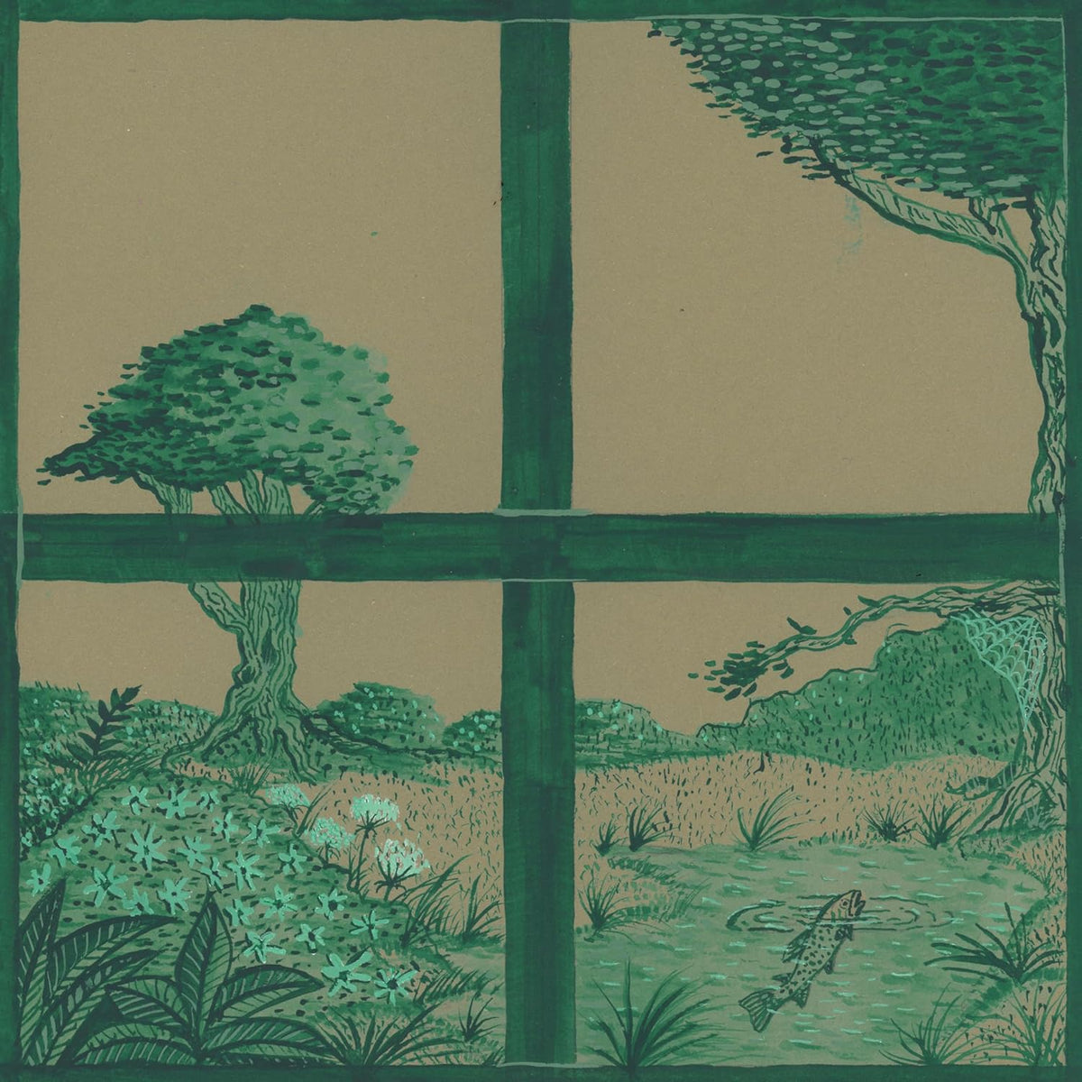 Green landscape viewed through window bars with a fish in water.