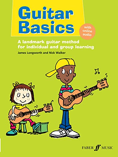 Guitar Basics" book cover with cartoon children playing guitars.