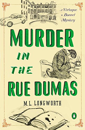 Book cover: “Murder in the Rue Dumas” with illustration of a man and car.