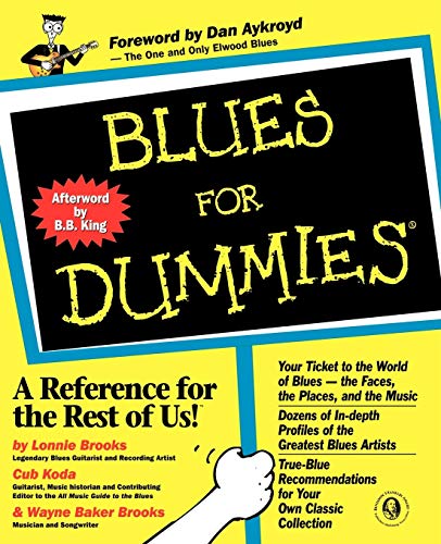 Book cover: "Blues for Dummies" with chalkboard lettering and cartoon hand.
