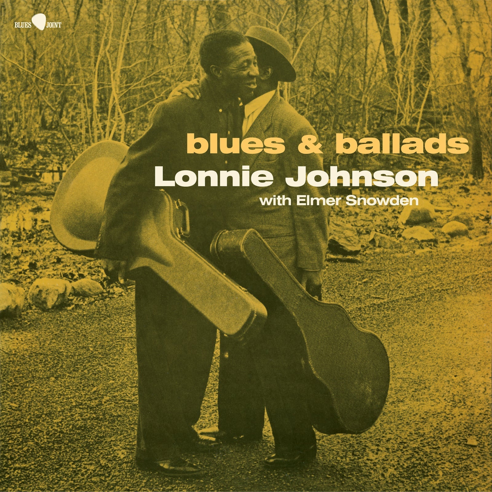 Lonnie Johnson and Elmer Snowden with guitars, album cover, sepia tone.