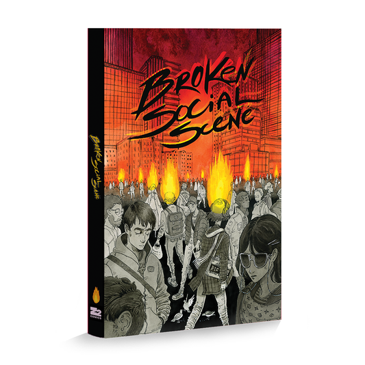 Comic book cover depicting a crowd amidst burning buildings and chaos.